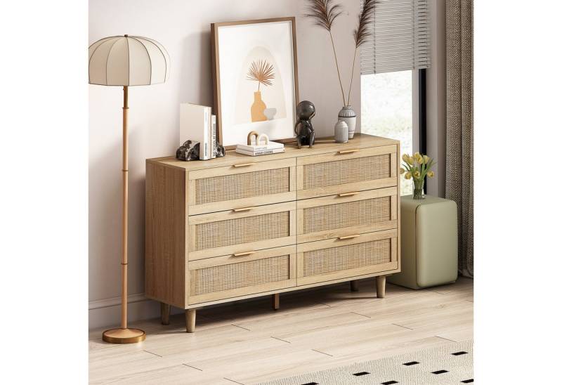 STILVORA Sideboard Kommode mit 6 Schubladen,Aufbewahrungsschrank in Rattan,PB,Naturfarbe (ideal für Schlafzimmer und Wohnzimmer, modernes Design) von STILVORA