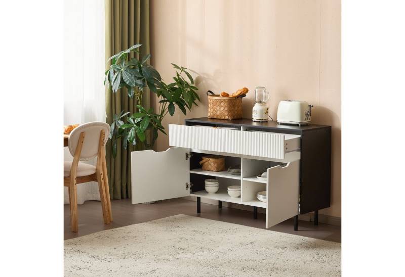 STILVORA Sideboard Küchenschrank mit geriffelten Schubladen&2 Türen,Beistellschrank weiß (TV-Ständer, Buffet, Kaffeebar, 1 St., zwei Türen, drei Schubladen), mit verstellbaren Fächern, verstärkten Metallbeinen von STILVORA