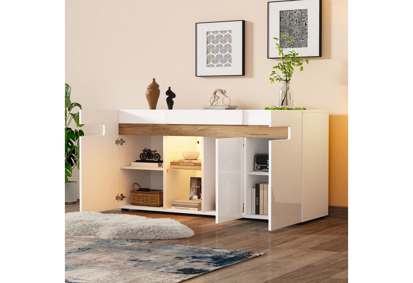 STILVORA Sideboard Lagerschrank mit 3 Türen&LED,Hochglanz-Wohnmöbel mit App-Steuerung (Kommode, Anrichte, Mehrzweckschrank, 1 St., mit Glasboden), mit App-Steuerung, LED-Lichtsteuerung von STILVORA