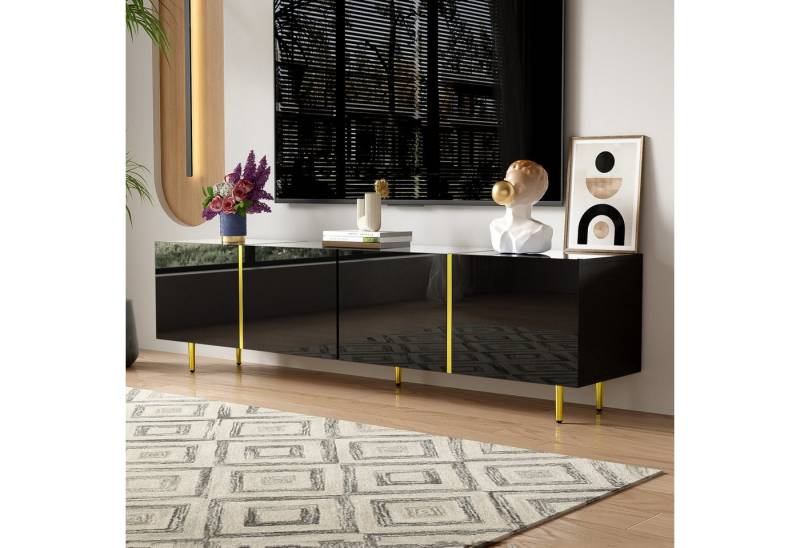 STILVORA Sideboard Lowboard Hochglanz-TV-Schrank Fernsehschrank mit vier Türen, schwarz (Fernsehtisch,TV-Ständer in Schwarz-Gold-Farbkombination, 1 St., mit 4 Türen), mit Hochglanz-Oberfläche, Soft-Close-Scharniere von STILVORA