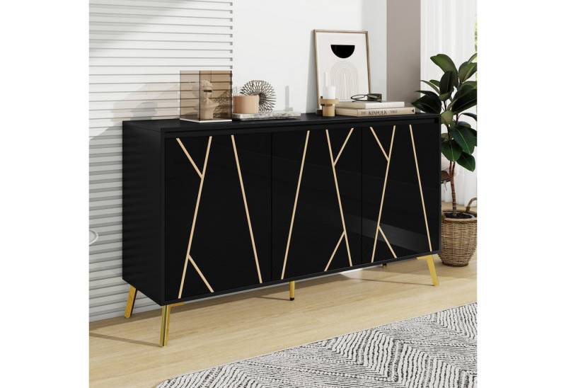 STILVORA Sideboard Moderner Stil,Beistellschrank Aufwahrungsschrank grifflos,Schwarz+Gold (Verstellbare Regalböden, Minimalistisch für Esszimmer & Wohnzimmer, Hochwertiges MDF mit Stabilität), Gewichtskapazität Tischplatte: 40 KG Regal: 15 KG von STILVORA