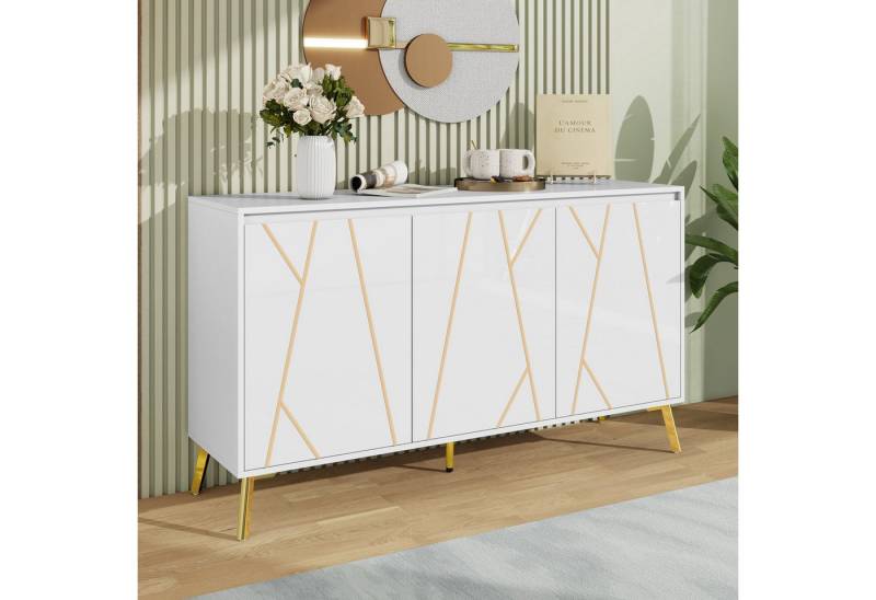 STILVORA Sideboard Moderner Stil,Beistellschrank Aufwahrungsschrank grifflos,Weiß+Gold (Verstellbare Regalböden, Minimalistisch für Esszimmer & Wohnzimmer, Hochwertiges MDF mit Stabilität), Gewichtskapazität Tischplatte: 40 KG Regal: 15 KG von STILVORA