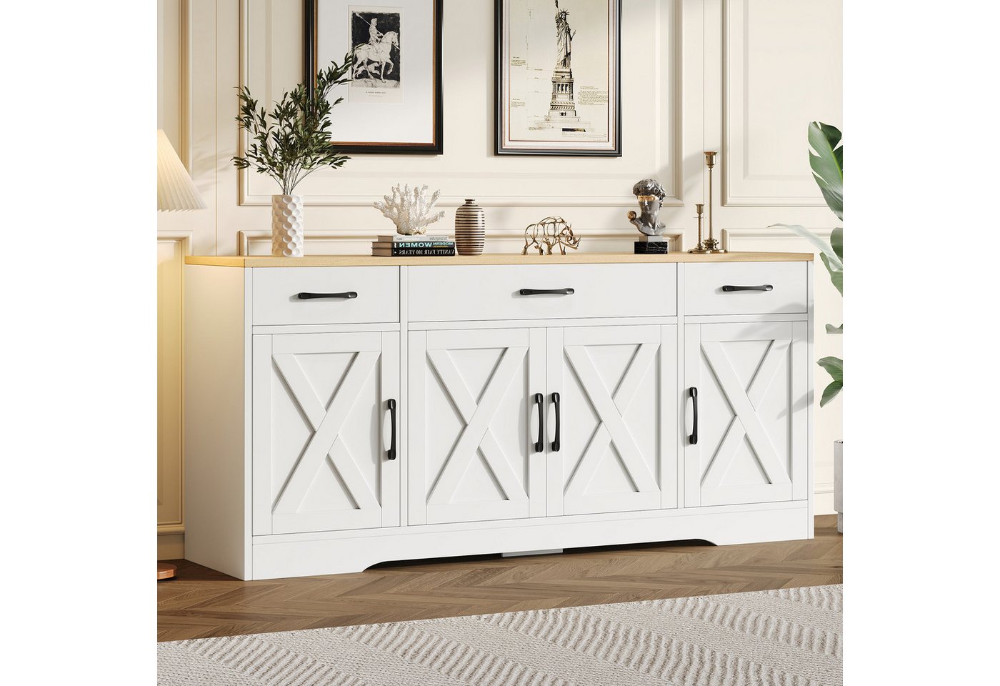 STILVORA Sideboard Multifunktionsschrank Buffetschrank landhausstil mit 3 Schubladen (Wohnzimmerschrank, Aufbewahrungsschrank, Buffetschrank, Holzanrichte, 1 St., 4 Türen, 3 Schubladen), mit dreidimensionalen X-förmigen Linien von STILVORA