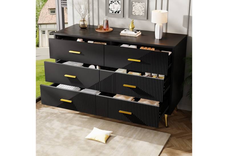 STILVORA Sideboard Schubladenkommode mit Metallbeine,Beistellschrank Aufbewahrungsschrank (Schubladenkommode 120x40x75 cm – Modernes Sideboard mit 6 geräumigen Schubladen, elegantes 3D-Türdesign & goldenen Beinen), 6 geräumige Schubladen von STILVORA