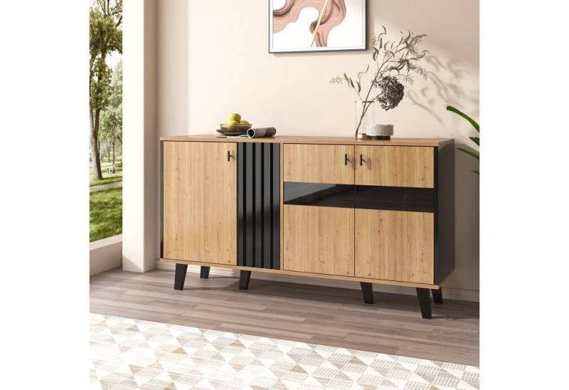 STILVORA Sideboard Sideboard mit LED-Licht und Glas,Schrank aus Holz&Schwarz mit Stauraum (mit Stauraum Schrank mit LED-Licht und Glas, 1 St., farblich abgestimmtes Design-Sideboard aus Holz und Schwarz), vielseitig einsetzbar und einzigartig in der Optik von STILVORA