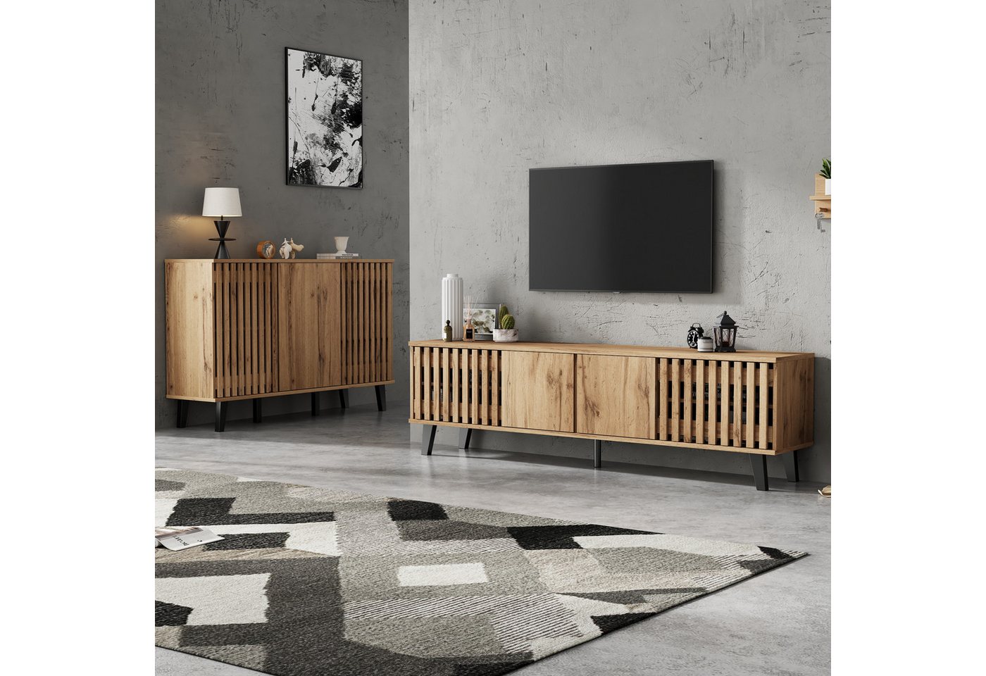 STILVORA Sideboard TV-Schrank&Beistellschrank mit 8 Fächer&6 Ablagefächer,aus Holz,Natur (Wohnzimmer-Wandkombination, 2 St., TV-Schrank (180×40×55 cm) und Sideboard (150×40×95 cm), mit integrierte Türen, warme Holzfarben von STILVORA