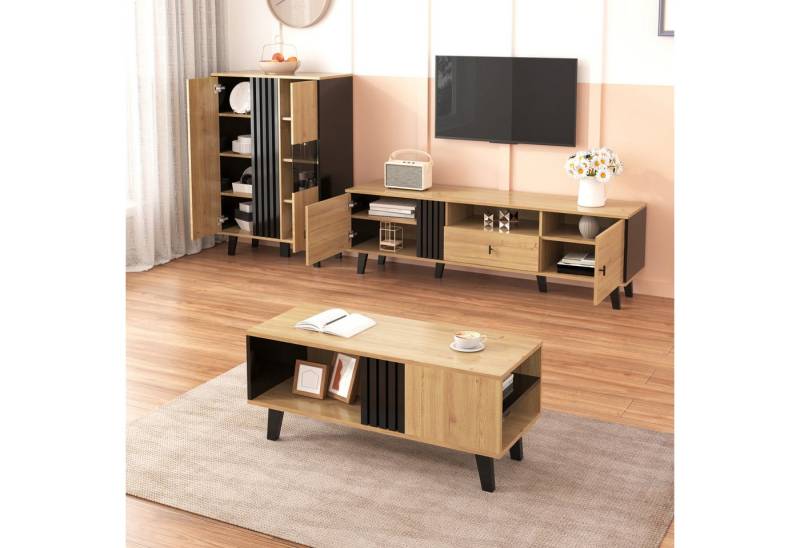 STILVORA Sideboard Wohnzimmermöbel Set – Couchtisch,TV-Schrank&Sideboard,in Holz+Schwarz (Wohnzimmerschrank, 3 St., 1 Couchtisch, 1 TV-Schrank, 1 Sideboard), modernes Design in Holz und Schwarz von STILVORA