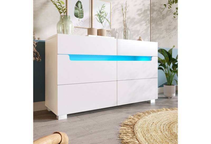 STILVORA Sideboard Wohnzimmerschrank Kommode mit App Control LED Beleuchtung,Weiß (Wohnzimmerschrank, Kommode, Anrichte, 1 St., 6 Schubladen), Hochglanz Kommode mit LED Beleuchtung (App -Steuerung) von STILVORA