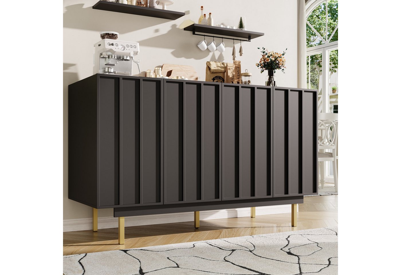 STILVORA Sideboard küche mit Stauraum,Anrichte mit Schubladen,Landhausstil Buffetschrank (Esszimmer-Schrank– Robustes Minimalistisches Design, Grifflos, Anti-Kipp-Schutz, 140×38,5×82,5cm) von STILVORA