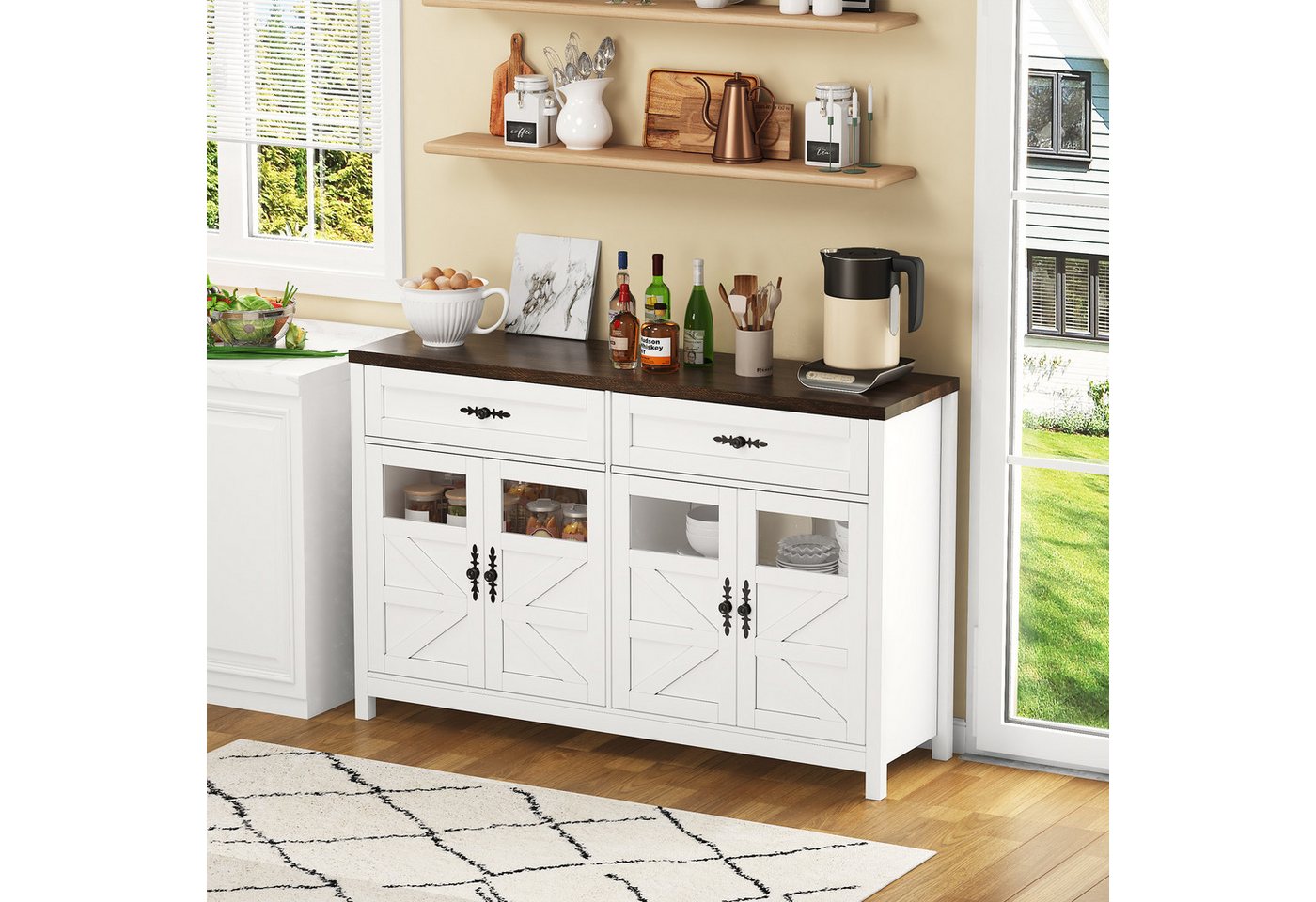 STILVORA Sideboard küche mit Stauraum,Anrichte mit Schubladen,Landhausstil Buffetschrank (Esszimmer-Sideboard 140 cm, Weißes Buffet mit 4 Türen, 2 Schubladen & Glastüren – Multifunktionale Kaffeebar im modernen Design für Wohnzimmer, Küche & Büro) von STILVORA