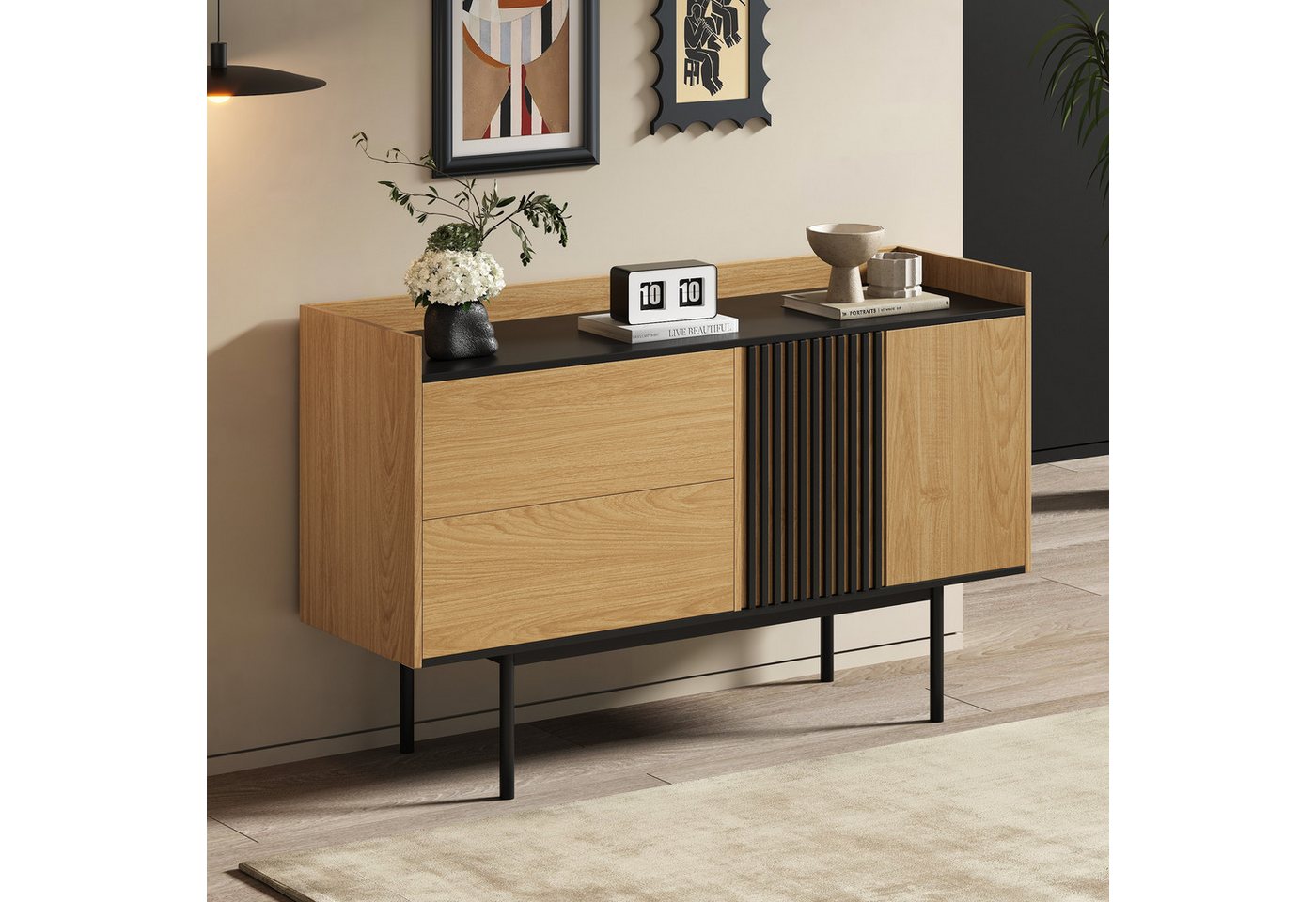 STILVORA Sideboard mit 2 Schubladen,Beistellschrank Flurschrank mit verstellbarem Regalen (Modernes Sideboard mit 2 Schubladen & verstellbarem Regal - Stauraumwunder für Wohnzimmer & Esszimmer - Naturholz & Schwarz), mit 2 Schubladen und verstellbarem Regal STILVORA Sideboard mit 2 Schubladen,Beistellschrank Flurschrank mit verstellbarem Regalen (Modernes Sideboard mit 2 Schubladen & verstellbarem Regal - Stauraumwunder für Wohnzimmer & Esszimmer - Naturholz & Schwarz), mit 2 Schubladen und verstellbarem Regal von STILVORA