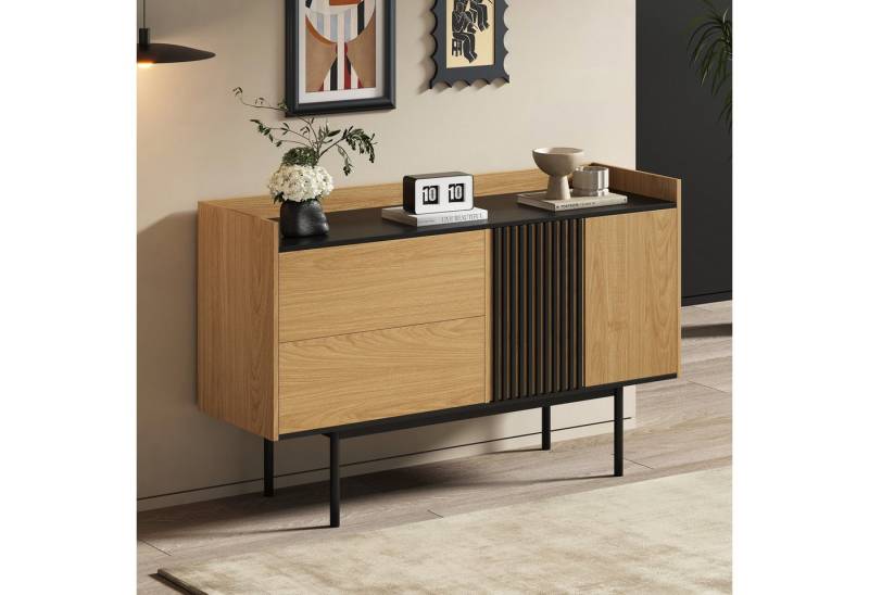STILVORA Sideboard mit 2 Schubladen,Beistellschrank Flurschrank mit verstellbarem Regalen (Modernes Sideboard mit 2 Schubladen & verstellbarem Regal - Stauraumwunder für Wohnzimmer & Esszimmer - Naturholz & Schwarz), mit 2 Schubladen und verstellbarem Regal von STILVORA