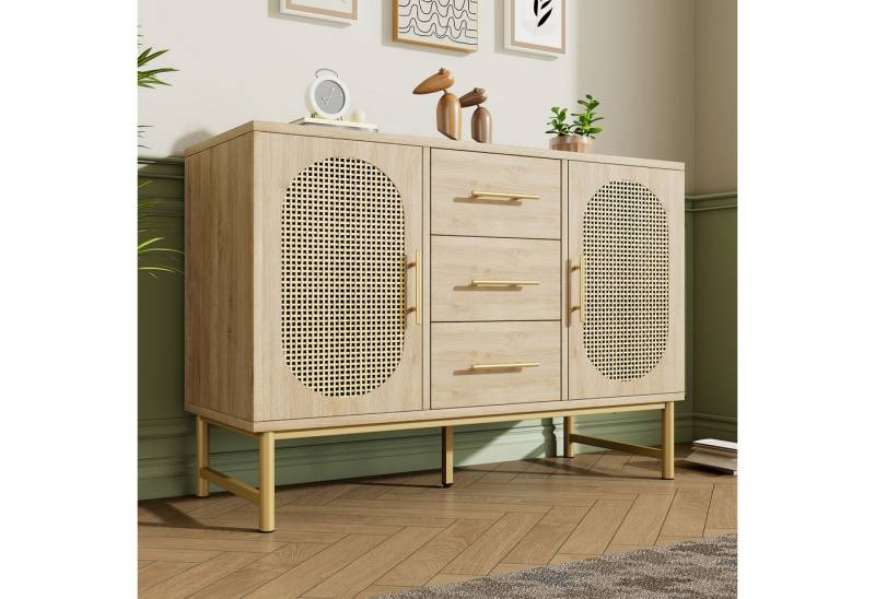 STILVORA Sideboard mit 2 Türen&3 Schubladen,Rattan Sideboard Fluschrank mit Regale,Natur (Sideboard mit 3-Schubladen und 2-Rattan-Türer,komodenschrank, 1 St., für Schlafzimmer und Wohnzimmer, Verstellbare Regale, Kippschutz), 120 x 40 x 74 cm, Sonoma Eiche von STILVORA