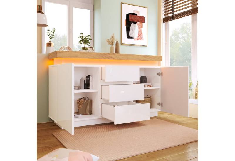 STILVORA Sideboard mit 2 Türen&3 Schubladen,Sideboard Beistellschrank mit LED-Beleuchtung (Mehrzweckschrank, 1 St., 2 Türen und 3 Schubladen), Hochglanz Kommode mit LED Beleuchtung (App -Steuerung) von STILVORA