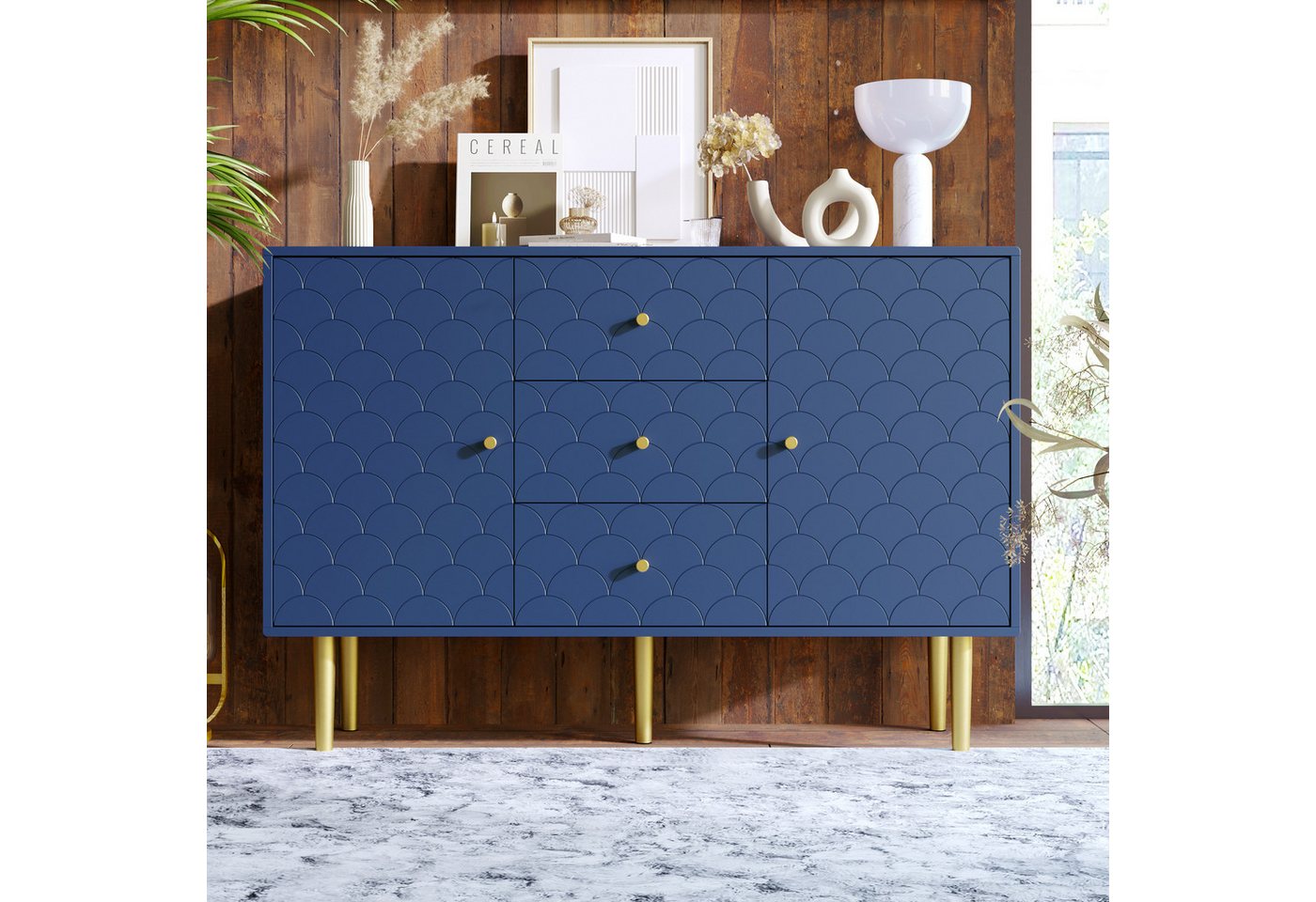 STILVORA Sideboard mit 2 Türen&3 Schubladen,Sideboard Fluschrank mit Fischschuppenmuster (Marineblau-H82/B120/T40 cm), mit 2 Türen und 3 Schubladen, Verstellbare Ablage von STILVORA