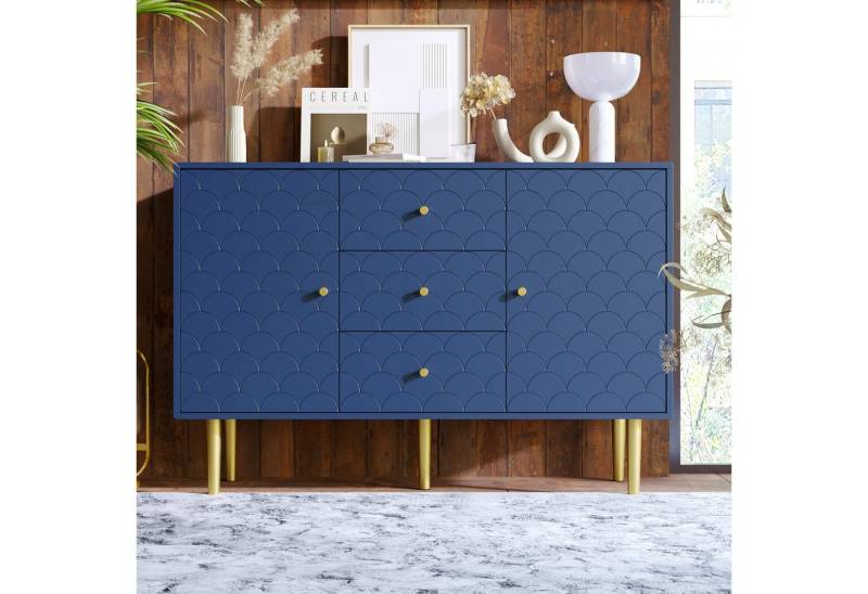 STILVORA Sideboard mit 2 Türen&3 Schubladen,Sideboard Fluschrank mit Fischschuppenmuster (Marineblau-H82/B120/T40 cm), mit 2 Türen und 3 Schubladen, Verstellbare Ablage von STILVORA