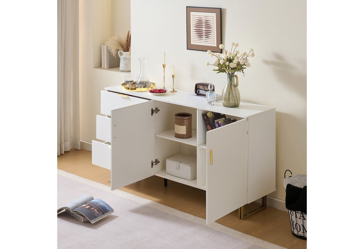 STILVORA Sideboard mit 3 Schubladen,Aufbewahrungsschrank Kommode mit Stahlbeinen (Kommode, Anrichte, Buffetschrank, 1 St., 2-Türiger und 3-Schubladen), Stahlbeinen in Braun von STILVORA