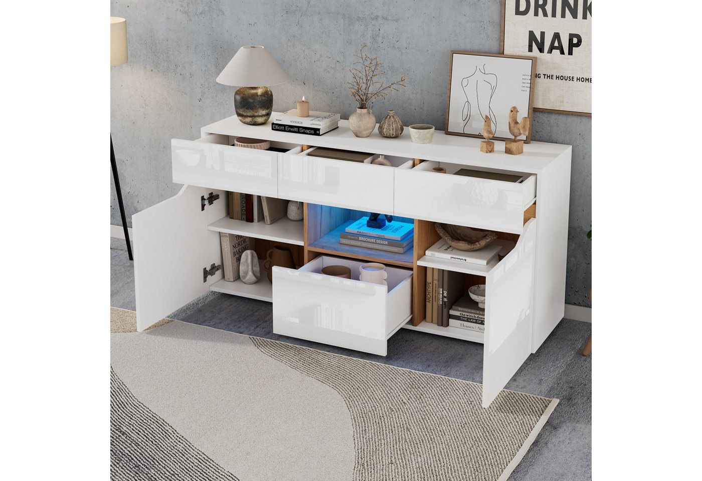STILVORA Sideboard mit 4 Schubladen,Beistellschrank Fluschrank grifflos mit 2 Fächern&LED (Wohnzimmeranrichte, Kommode, 1 St., zwei Türen, vier Schubladen), mit LED-Beleuchtung, 140*40*70cm von STILVORA