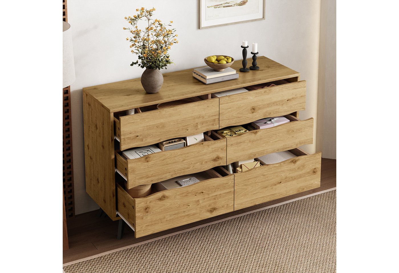STILVORA Sideboard mit 6 Schubladen,Kommode Beistellschrank in Holzoptik mit Metallbeinen (Buffetschrank, Wohnzimmermöbel, 1 St., mit 6 Schubladen), mit Metallfüße, Viel Stauraum, 120x40x75,5 cm von STILVORA