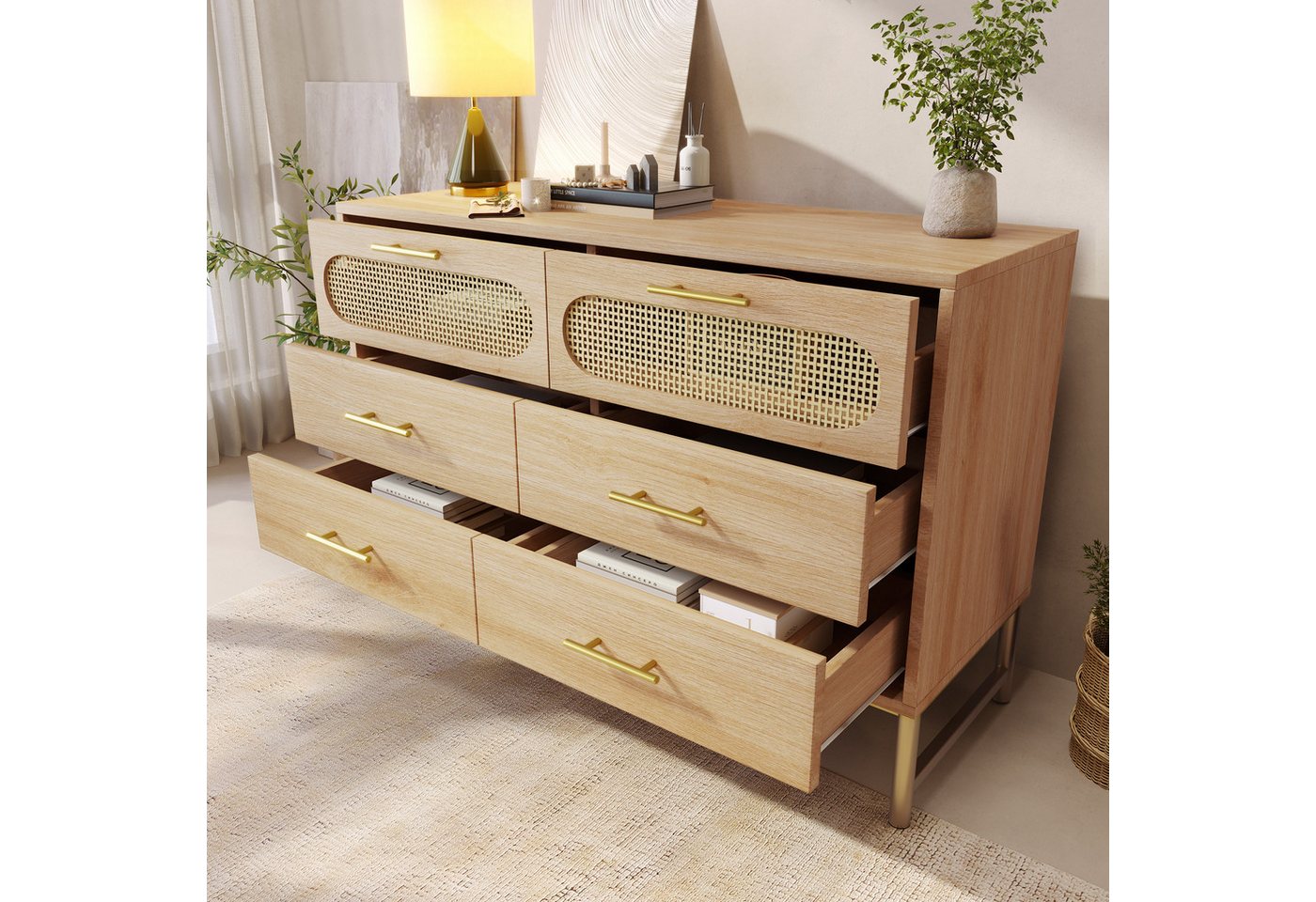 STILVORA Sideboard mit 6 Schubladen,Rattan Sideboard Fluschrank mit Metallgriffe,Natur (Komodenschrank, Schminktisch, 1 St., 6 Schubladen), mit höhenverstellbare Metallfüße, H74/B120/T40 cm von STILVORA
