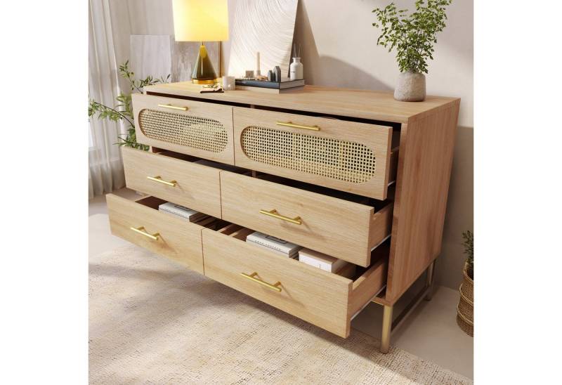 STILVORA Sideboard mit 6 Schubladen,Rattan Sideboard Fluschrank mit Metallgriffe,Natur (Komodenschrank, Schminktisch, 1 St., 6 Schubladen), mit höhenverstellbare Metallfüße, H74/B120/T40 cm von STILVORA