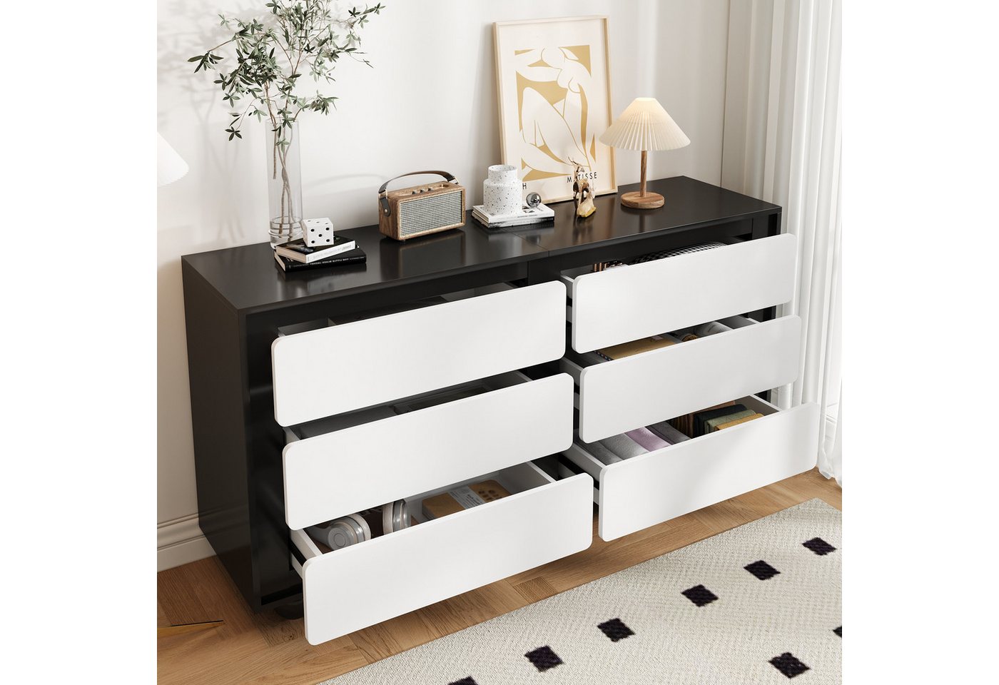STILVORA Sideboard mit 6 Schubladen,Sideboard Beistellschrank mit Metallfüße&Bodenschoner (Kommode, Frisiertisch, 1 St., mit sechs Schubladen), 140×38×74,5cm von STILVORA