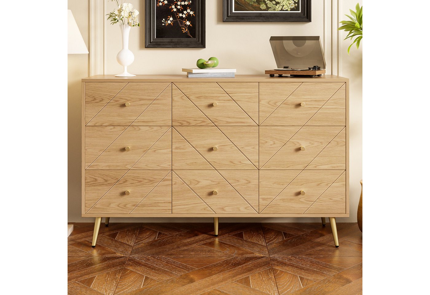 STILVORA Sideboard mit 9 Schubladen,Kommode Aufwahrungsschrank mit Metallbeinen,Natur (Kommode, Buffetschrank, Anrichte, 1 St., 9 Schubladen), mit geometrischen Mustern von STILVORA