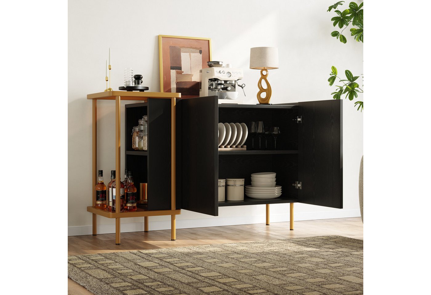 STILVORA Sideboard mit Ablagefächern,Beistellschrank Aufwahrungsschrank grifflos,Schwarz (Modernes Sideboard Metall/Glas mit Glasplatte & offenen Fächern – 2 Türen, hohe Beine & griffloses Design) STILVORA Sideboard mit Ablagefächern,Beistellschrank Aufwahrungsschrank grifflos,Schwarz (Modernes Sideboard Metall/Glas mit Glasplatte & offenen Fächern – 2 Türen, hohe Beine & griffloses Design) von STILVORA