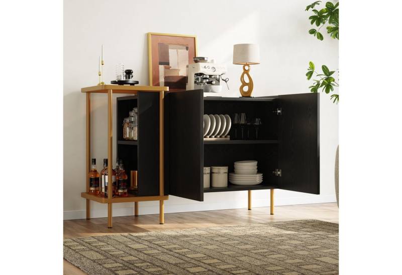 STILVORA Sideboard mit Ablagefächern,Beistellschrank Aufwahrungsschrank grifflos,Schwarz (Modernes Sideboard Metall/Glas mit Glasplatte & offenen Fächern – 2 Türen, hohe Beine & griffloses Design) von STILVORA
