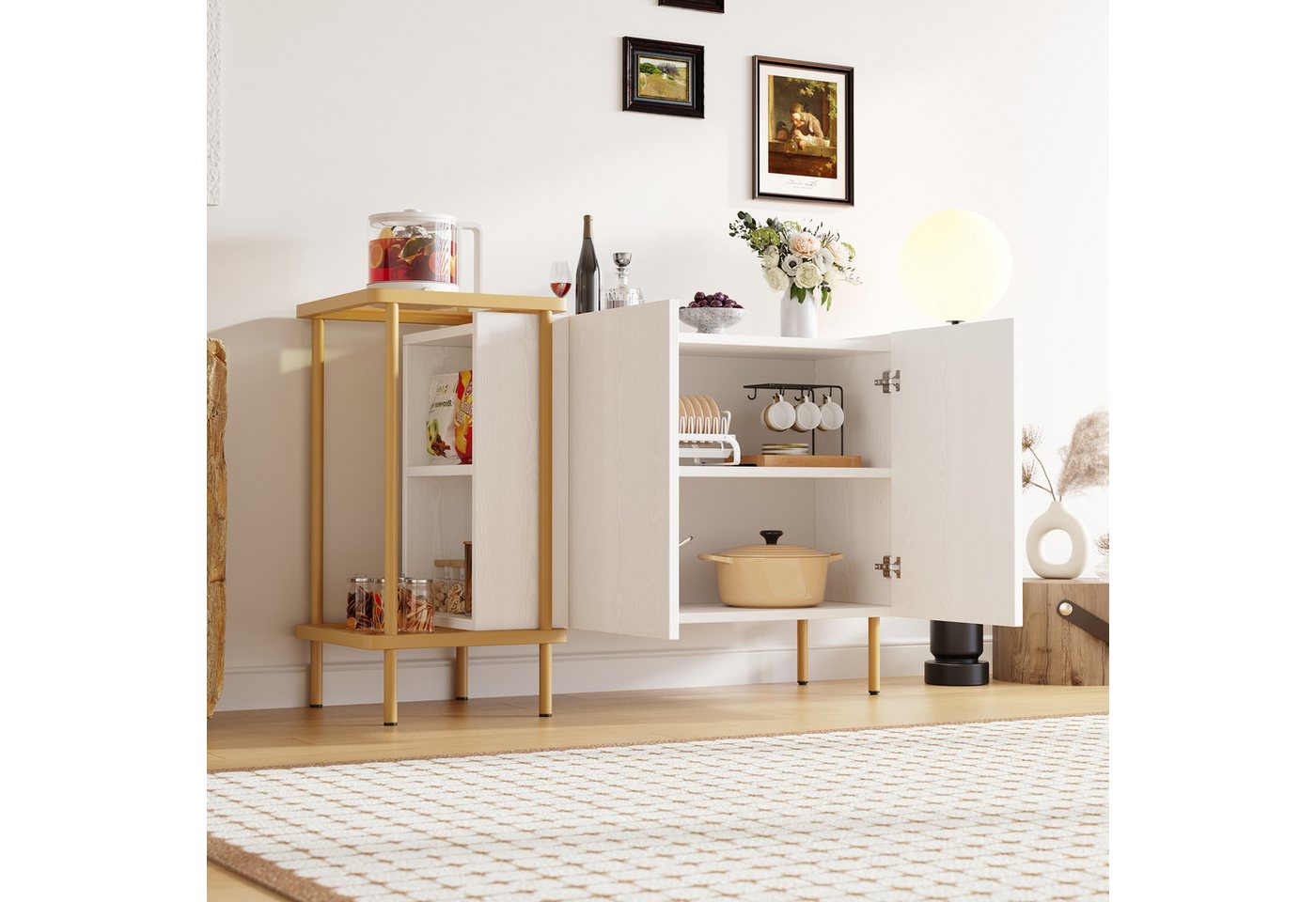 STILVORA Sideboard mit Ablagefächern,Beistellschrank Aufwahrungsschrank grifflos,Weiß (Modernes Sideboard Metall/Glas mit Glasplatte & offenen Fächern – 2 Türen, hohe Beine & griffloses Design) von STILVORA
