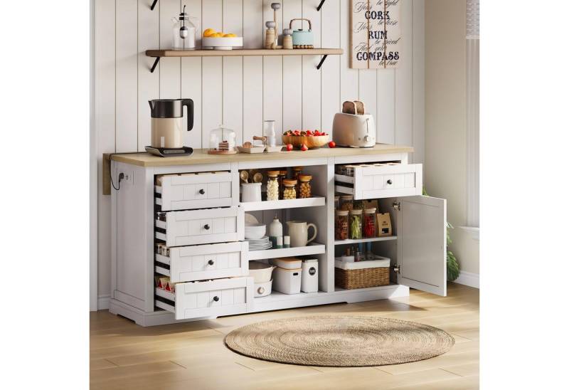 STILVORA Sideboard mit Ausziehböden,Kücheninsel Buffetschrank mit Schubladen&Steckdosen (Buffet-Sideboard, Bar-Schrank & Kücheninsel – Mit Klappbarer Erweiterungsplatte, Steckdosen und USB-Ports., 150×65×75 cm), mit Schublade von STILVORA