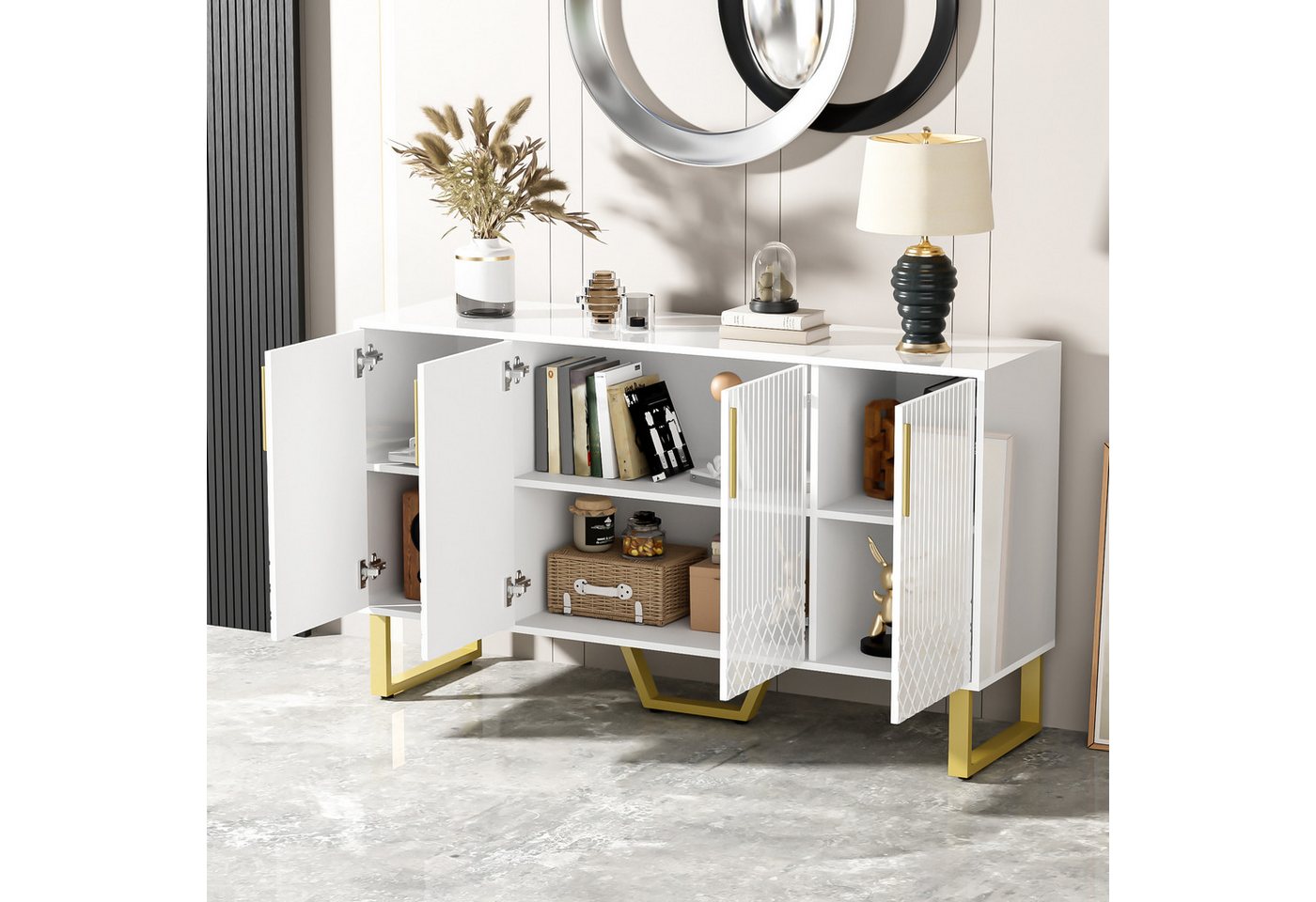STILVORA Sideboard mit Dämpfungsscharnieren,Beistellschrank Buffetschrank mit Metallgriff (Schrank-Organisator, Aufbewahrungsschrank, 1 St., 4 Türen), Hochglanz, geometrisches Design von STILVORA