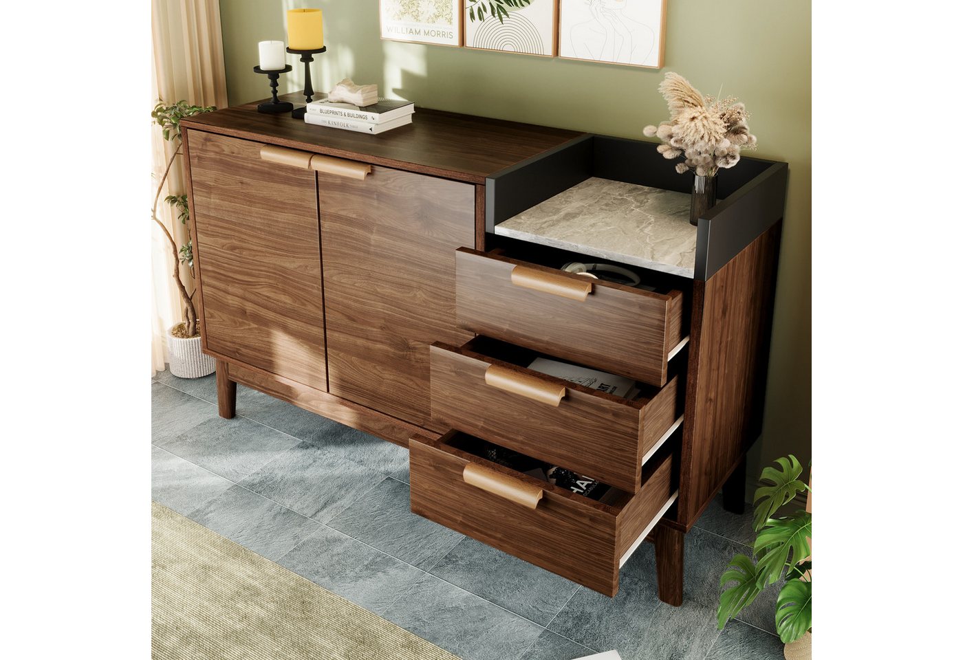 STILVORA Sideboard mit Doppeltür,Kommode Beistellschrank mit 3 Schubladen&Offene Ablage (Kommode, 1 St., Offene Ablage, 3 Schubladen, 2 Türen (innen höhenverstellbar), Massivholzbeine, kehrroboterfähig von STILVORA