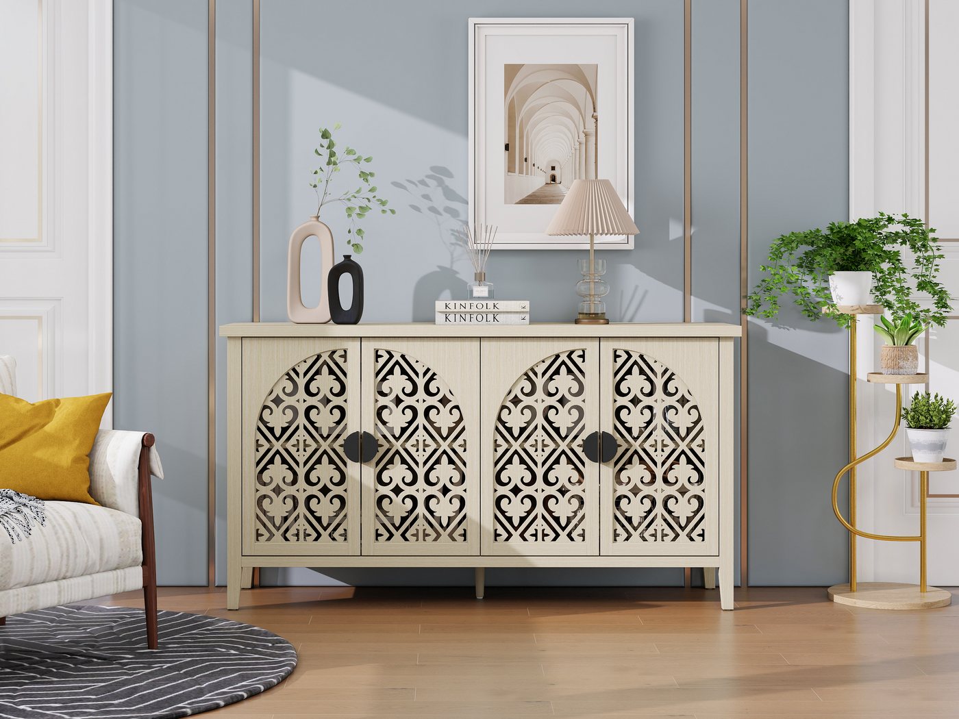 STILVORA Sideboard mit Einlegeböden,Aufwahrungsschrank Beistellschrank mit 4 Türen (mit 4 Türen und einzigartigem fächerförmigem Design – Mit verstellbaren Einlegeböden, Ideal für Wohnzimmer, Flur & Esszimmer, 147.6x40x80 cm) von STILVORA