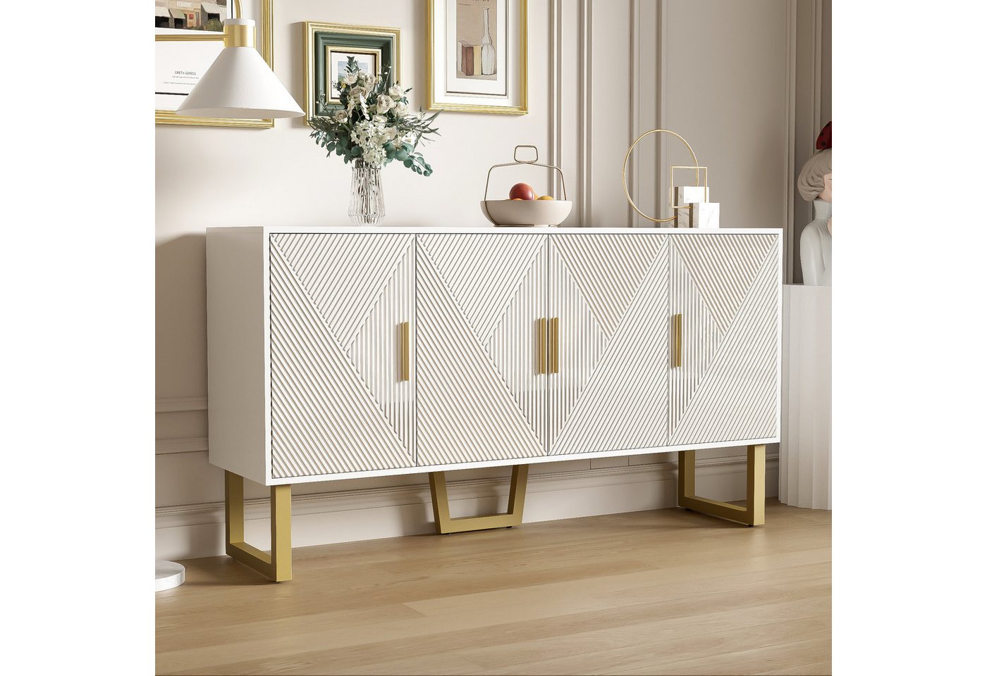 STILVORA Sideboard mit Hochglanz,Aufwahrungsschrank Beistellschrank mit Regal verstellbar (Kommode, 1 St., 4 Türen), mit hochglänzenden strukturierten Türen und goldenen Griffen von STILVORA