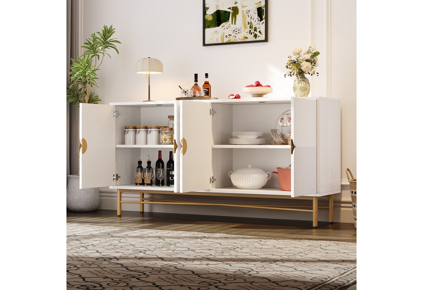 STILVORA Sideboard mit Hochglanz,Beistellschrank Aufwahrungsschrank mit goldenen Beinen (Sideboard Hochglanz 160 cm mit Goldgriffen & Soft-Close – Viel Stauraum & Strukturfront) von STILVORA