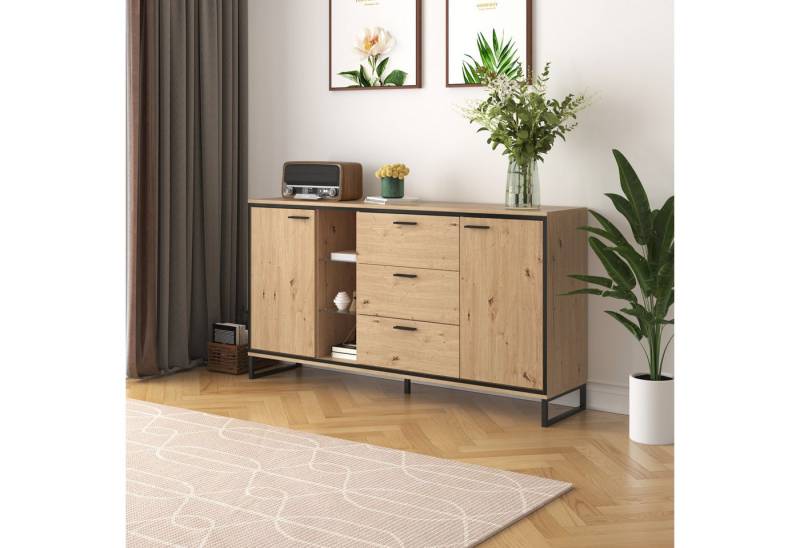 STILVORA Sideboard mit LED,Beistellschrank Flurschrank mit 3 Schubladen und Glasablage (160 L x 40 B x 85 H(cm), Modernes Sideboard von STILVORA