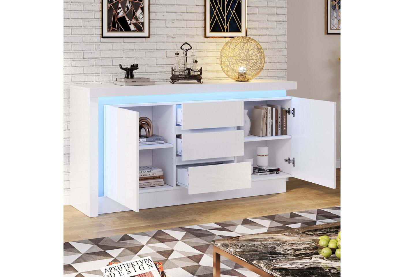 STILVORA Sideboard mit LED-Beleuchtung,Hochglanz-Kommode Beistellschrank mit 3 Schubladen (Kommode, Wohnzimmermöbel, 1 St., 3 Schubladen und 2 Türen), mit verstellbaren Einlegeböden von STILVORA