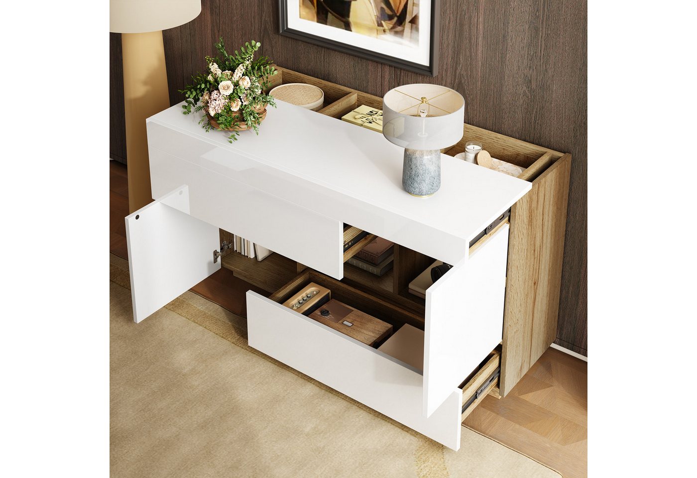 STILVORA Sideboard mit LED-Beleuchtung,Hochglanz-Kommode Beistellschrank mit Schubladen von STILVORA