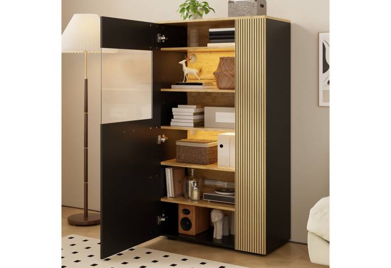 STILVORA Sideboard mit LED-Beleuchtung,Hochschrank Standvitrine mit Regalen&Glastür (Wohnzimmerschrank, Buffet, Küchenschränke, 1 St., Organizer mit 3 festen und 2 verstellbaren Regalen), Aufbewahrungsschrank mit Kabelmanagement von STILVORA