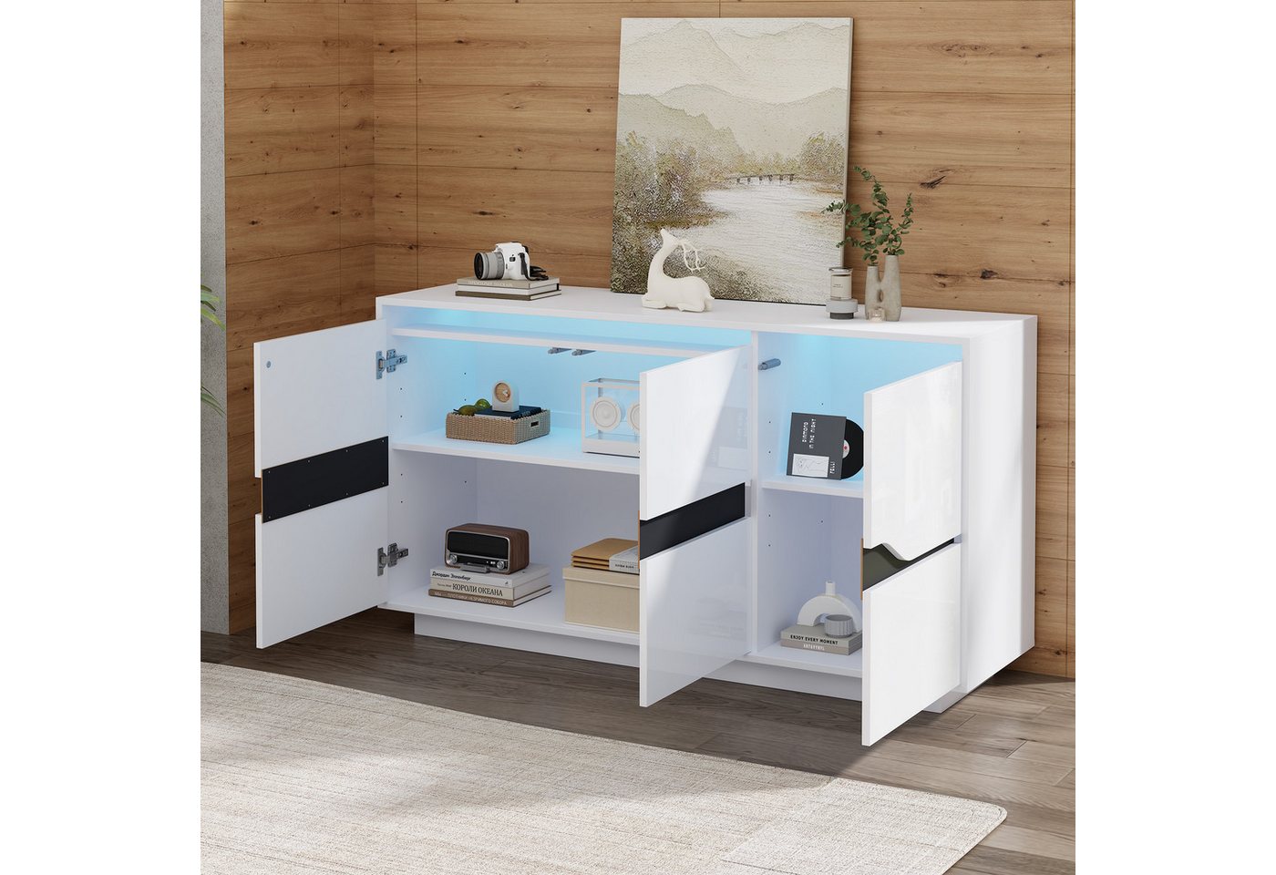 STILVORA Sideboard mit LED-Licht,Buffetschrank Beistellschrank grifflos mit Trennwänden (Kommode, Sofa-Beistellschrank, Anrichte, 1 St., 3 Türen), mit LED, verstellbaren Trennwänden von STILVORA