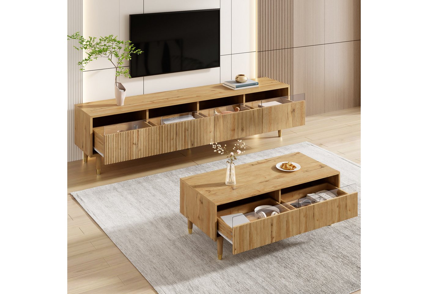 STILVORA Sideboard mit Lowboard&Couchtisch,Möbelset Wohnzimmerset mit LED&Acrylfront (TV-Schrank+Wohnzimmertisch, 2 St., Couchtisch 110x50x40cm + TV-Ständer 178x35x45cm), Wellenstruktur und Acrylfronten, Gold-Design von STILVORA