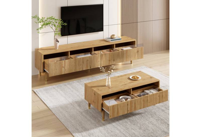 STILVORA Sideboard mit Lowboard&Couchtisch,Möbelset Wohnzimmerset mit LED&Acrylfront (TV-Schrank+Wohnzimmertisch, 2 St., Couchtisch 110x50x40cm + TV-Ständer 178x35x45cm), Wellenstruktur und Acrylfronten, Gold-Design von STILVORA