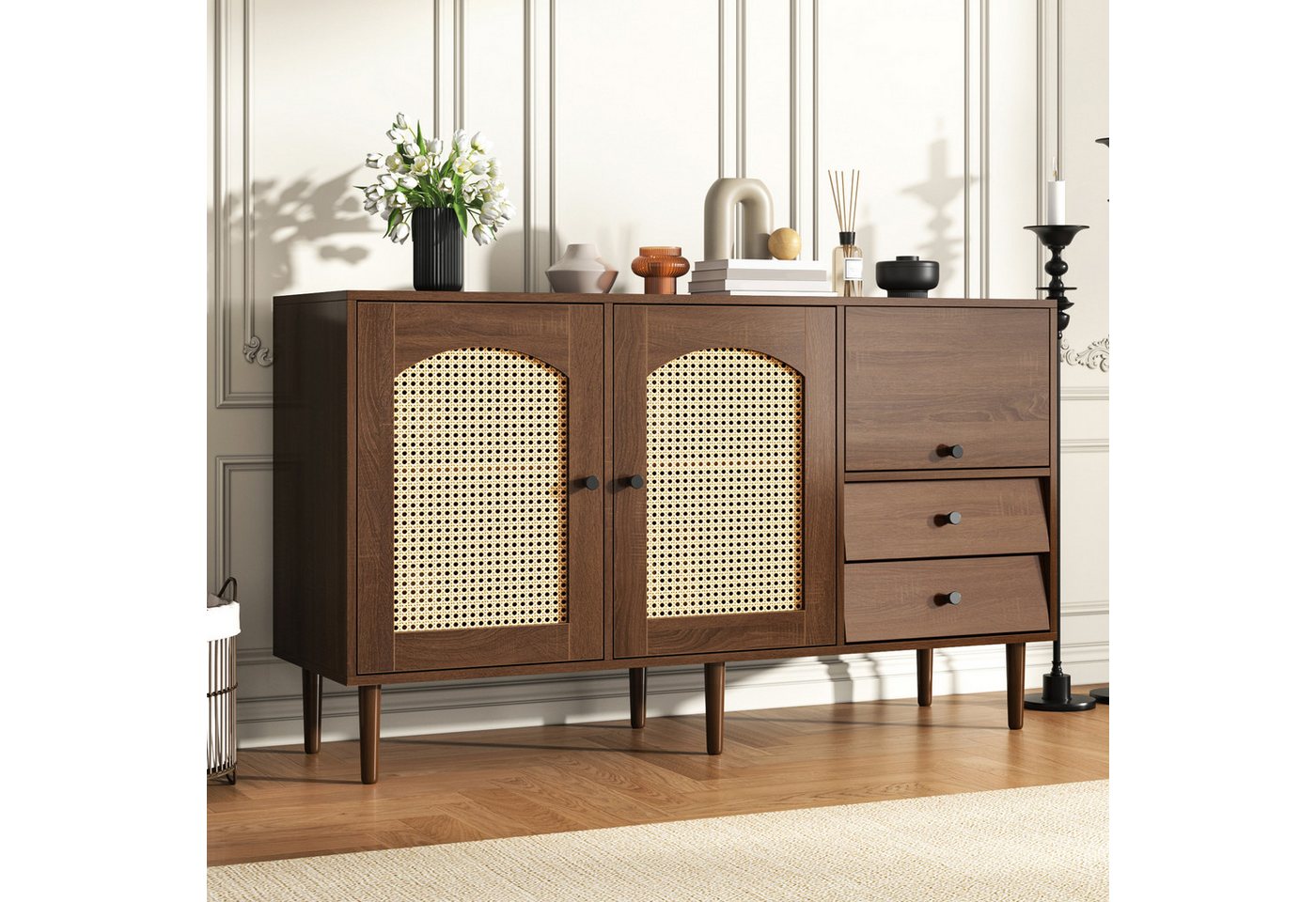 STILVORA Sideboard mit Magnetverschluss,Beistellschrank mit verstellbares Regal&Rattantür (Wohnzimmerschrank Aufbewahrungsschrank, Buffetschrank, 1 St., 2 Rattantüren, 1 Klapptür, 2 Schubladen), mit verstellbare Einlegeböden, Magnetverschluss STILVORA Sideboard mit Magnetverschluss,Beistellschrank mit verstellbares Regal&Rattantür (Wohnzimmerschrank Aufbewahrungsschrank, Buffetschrank, 1 St., 2 Rattantüren, 1 Klapptür, 2 Schubladen), mit verstellbare Einlegeböden, Magnetverschluss von STILVORA
