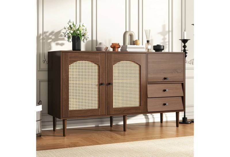 STILVORA Sideboard mit Magnetverschluss,Beistellschrank mit verstellbares Regal&Rattantür (Wohnzimmerschrank Aufbewahrungsschrank, Buffetschrank, 1 St., 2 Rattantüren, 1 Klapptür, 2 Schubladen), mit verstellbare Einlegeböden, Magnetverschluss von STILVORA