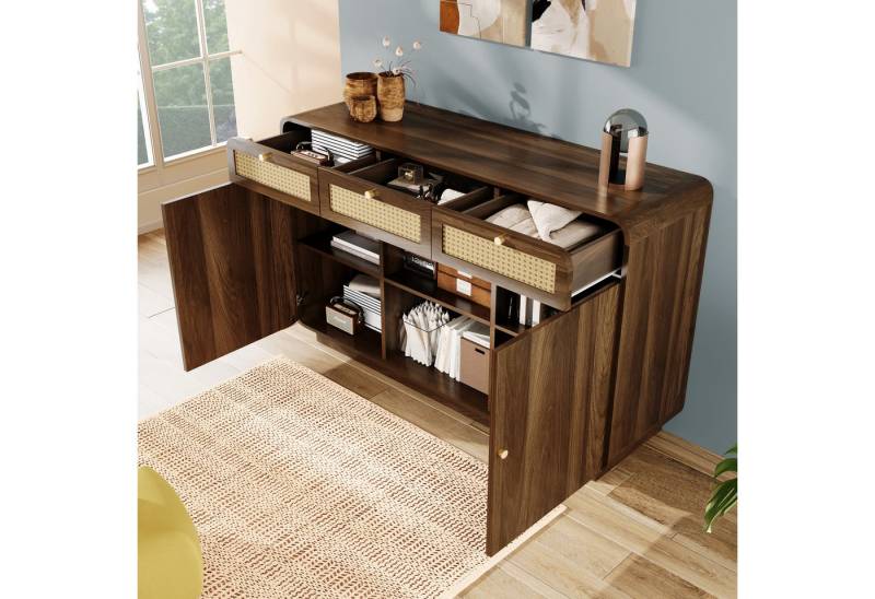 STILVORA Sideboard mit Rattan-Schubladen,Aufwahrungsschrank Beistellschrank mit Regal (Kommode, Buffetschrank, 1 St., 3 Schubladen + 2 Schränke + offenes Regal), mit Rattan, Goldgriffen, höhenverstellbare Einlegeböden von STILVORA