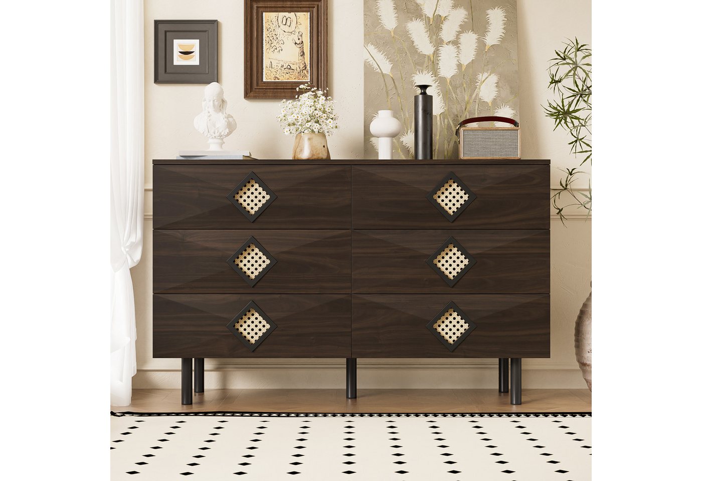 STILVORA Sideboard mit Rattanschublade,Kommode Aufwahrungsschrank mit Kabeldurchführungen (Kommode, Buffet, Esszimmerschrank, 1 St., 6 Schubladen), aus Spanplatte + MDF von STILVORA