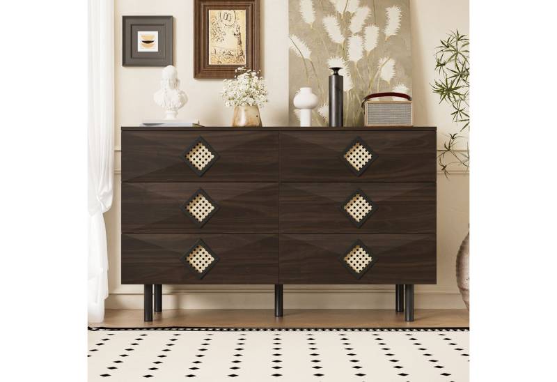 STILVORA Sideboard mit Rattanschublade,Kommode Aufwahrungsschrank mit Kabeldurchführungen (Kommode, Buffet, Esszimmerschrank, 1 St., 6 Schubladen), aus Spanplatte + MDF von STILVORA