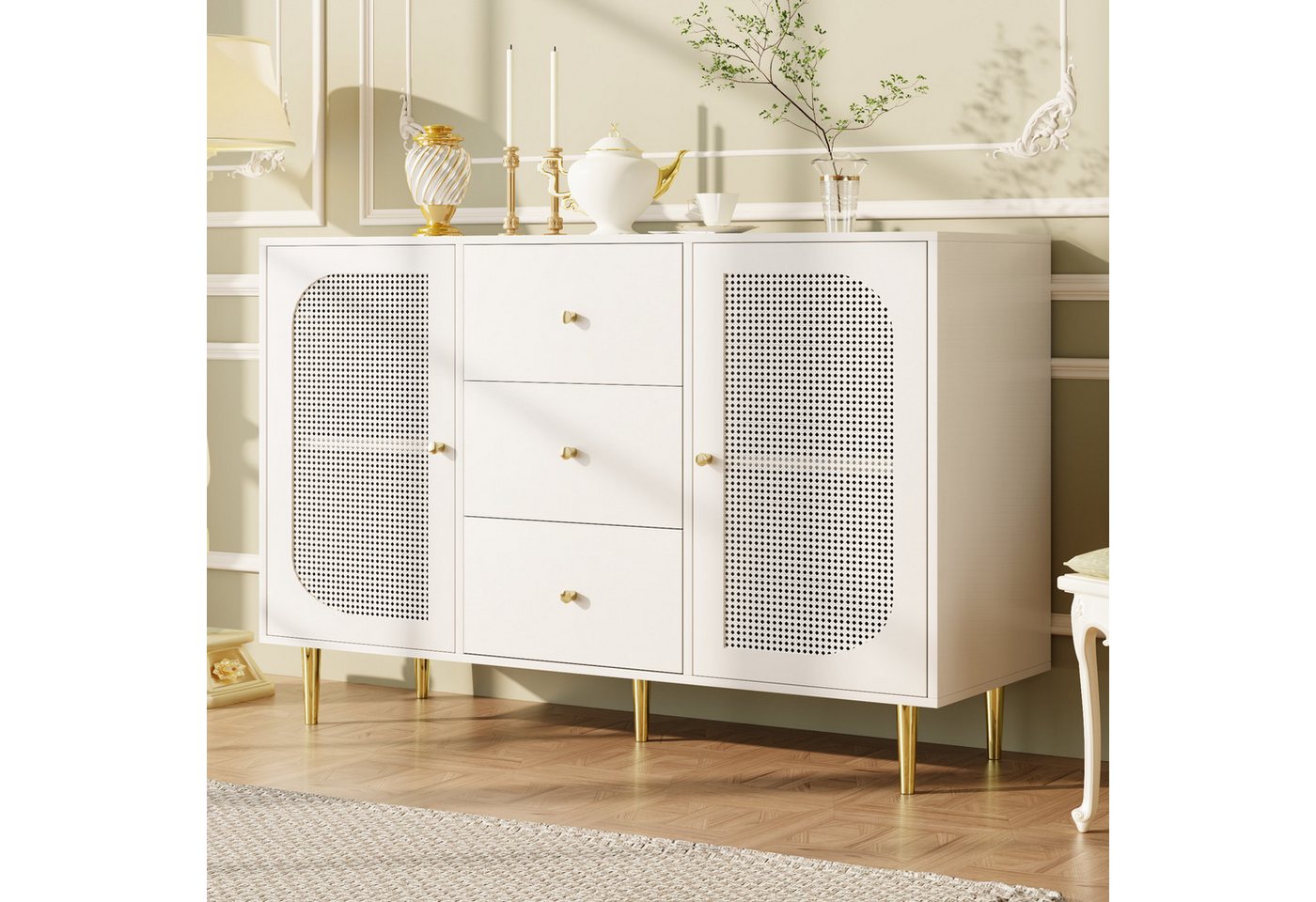 STILVORA Sideboard mit Rattantür,Beistellschrank Aufwahrungsschrank mit Schublade,Weiß (Anrichte, Buffet, Aufbewahrungsschrank, Holzschrank, 1 St., 3 Schubladen und 2 Türen), mit PE-Rattantür, 120 x 40 x 90 cm von STILVORA