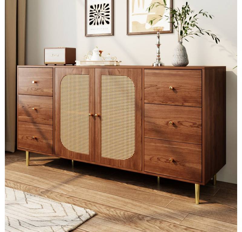 STILVORA Sideboard mit Rattantür,Beistellschrank Aufwahrungsschrank mit Schublade,braun (Aufbewahrungsschrank, Holzschrank, 1 St., 6 Schubladen und 2 Türen), Kommode mit Metallfüße, 160 x 40 x 90 cm von STILVORA